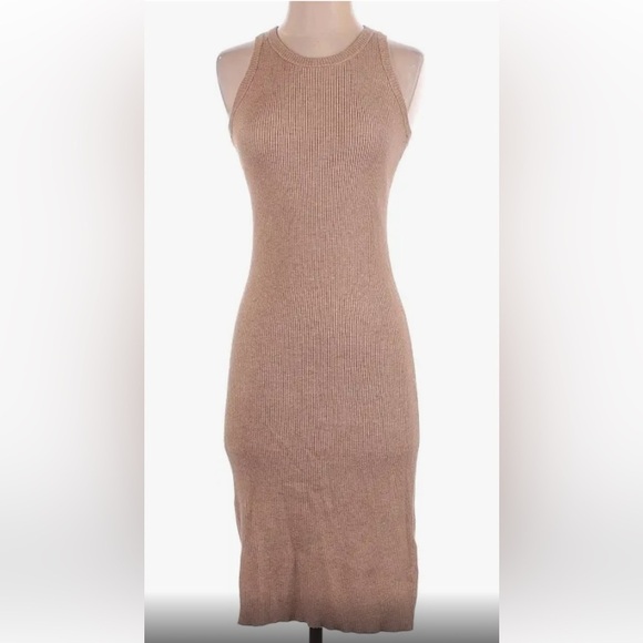 RACHEL ZOE BODYCON SLEEVELESS TAN RIBBED KNIT RESORTWEAR MIDI DRESS SZ LARGE - Picture 3 of 8